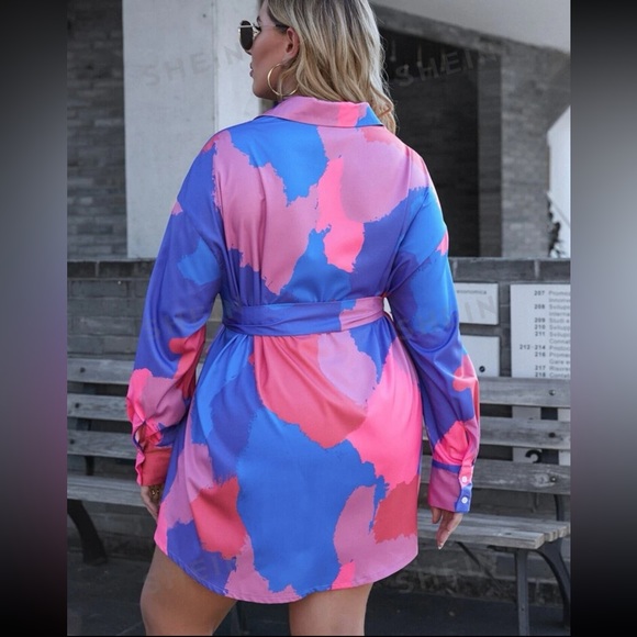 SHEIN Privé Plus Colorblock Button Front Belted Shirt Dress - Picture 2 of 3